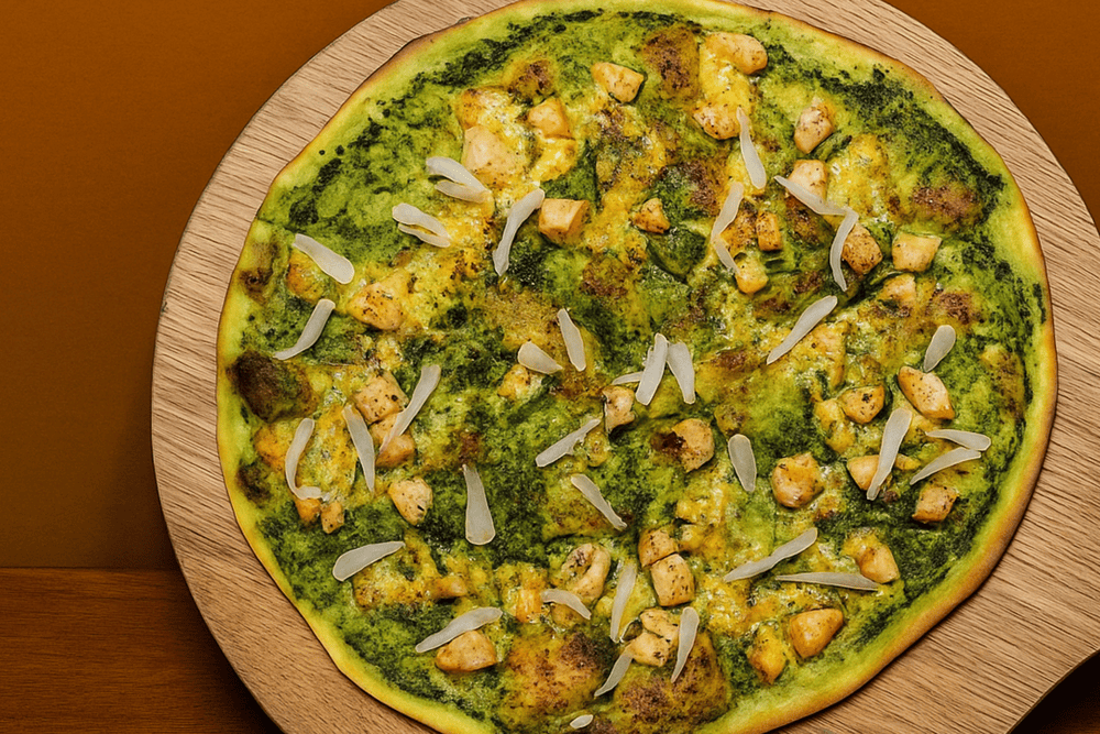 Paolo & Chi Pizzeria Old Quarter presents a seafood pizza featuring mussels, shrimp, and garnished with fresh parsley and lemon wedges